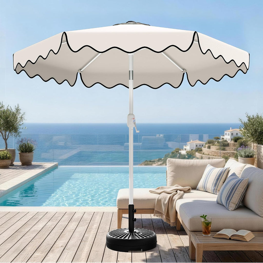 Patio Umbrella with Wavy Trim, UV-Fade-Resistant Canopy, Crank & Tilt - White 7.5ft