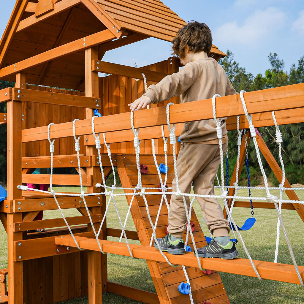 Playground Wooden Swing Sets with Monkey Bar, Outdoor Playhouse
