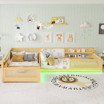 L-Shaped Double Twin Size Pine Wooden Floor Bed Frame with Bookshelves & Whiteboards, for 2, Detachable 2 in 1 Low