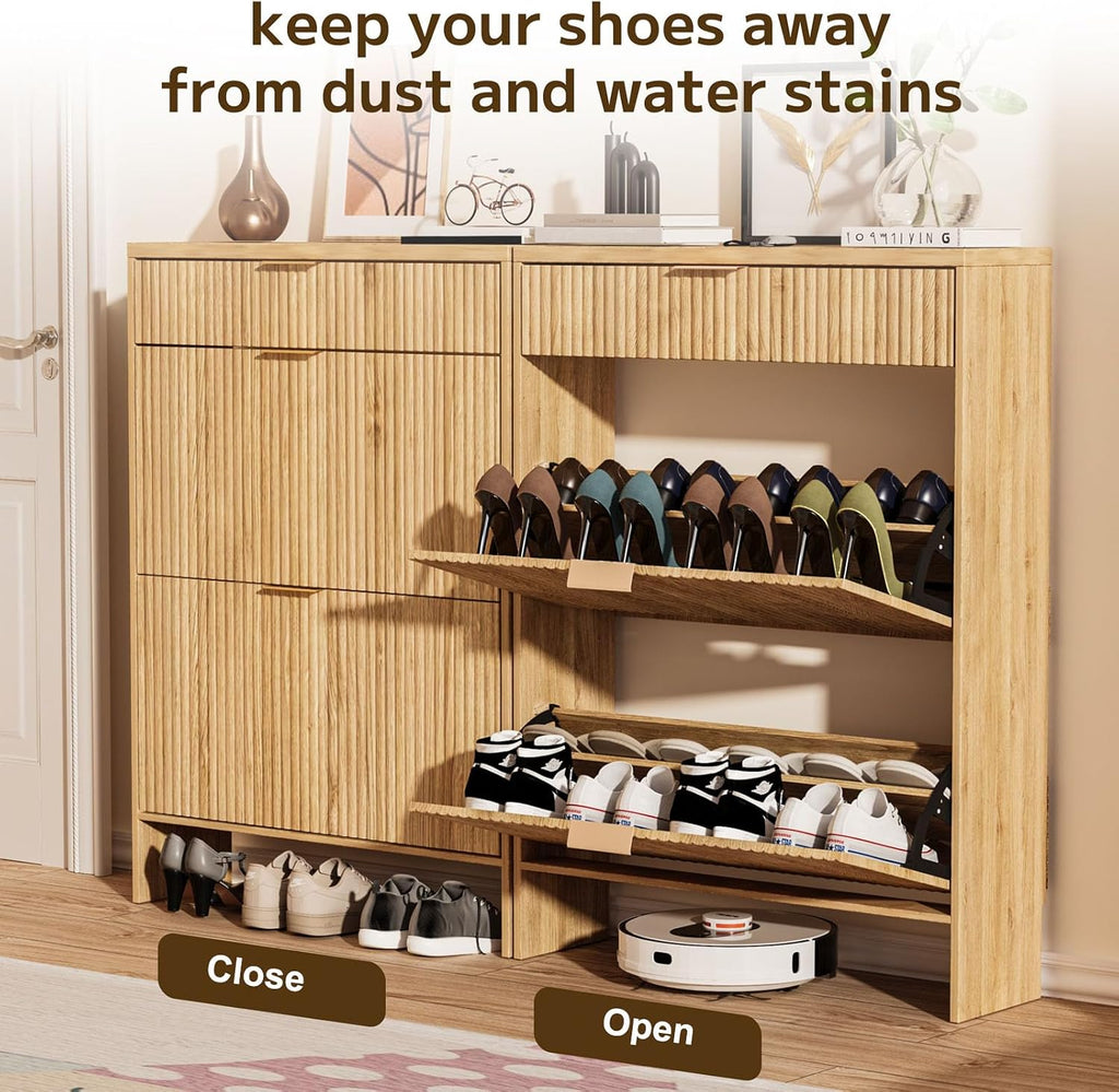 Fluted Shoe Cabinet Storage with 2 Flip Drawers & 1 Drawers, Wood Narrow Hidden Shoe Cabinet with Adjustable Shelf