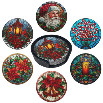 Christmas Coasters for Drinks with Holder Round Leather Coasters Set of 6 Cups Mugs Mat Pad Kitchen Bar