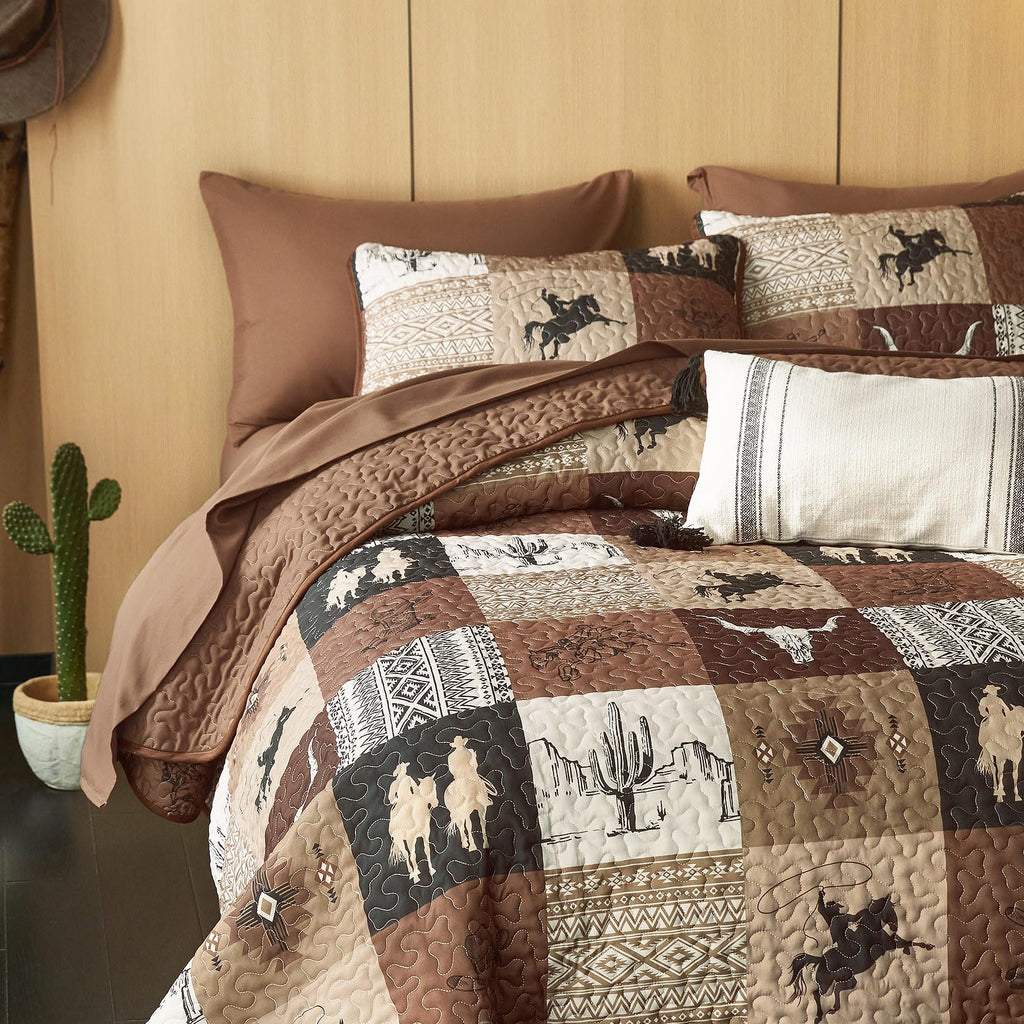 Quilt Set, Southwestern Aztec Country Horse Cowboy Rustic Ranch Pattern Printed, Reversible Lightweight Bedspread