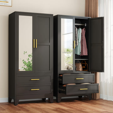 Metal Armoire Wardrobe, 71" Tall Bedroom Closet with Mirror and 2 Drawers