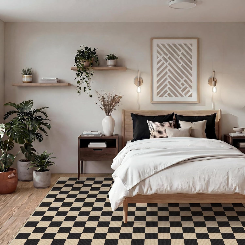 Black Checkered Washable Area Rugs Bedroom