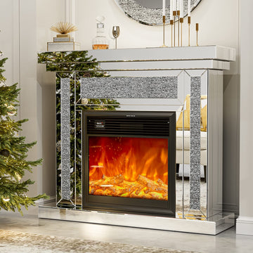 Mirrored Electric Fireplace TV Stand with Crushed Diamonds
