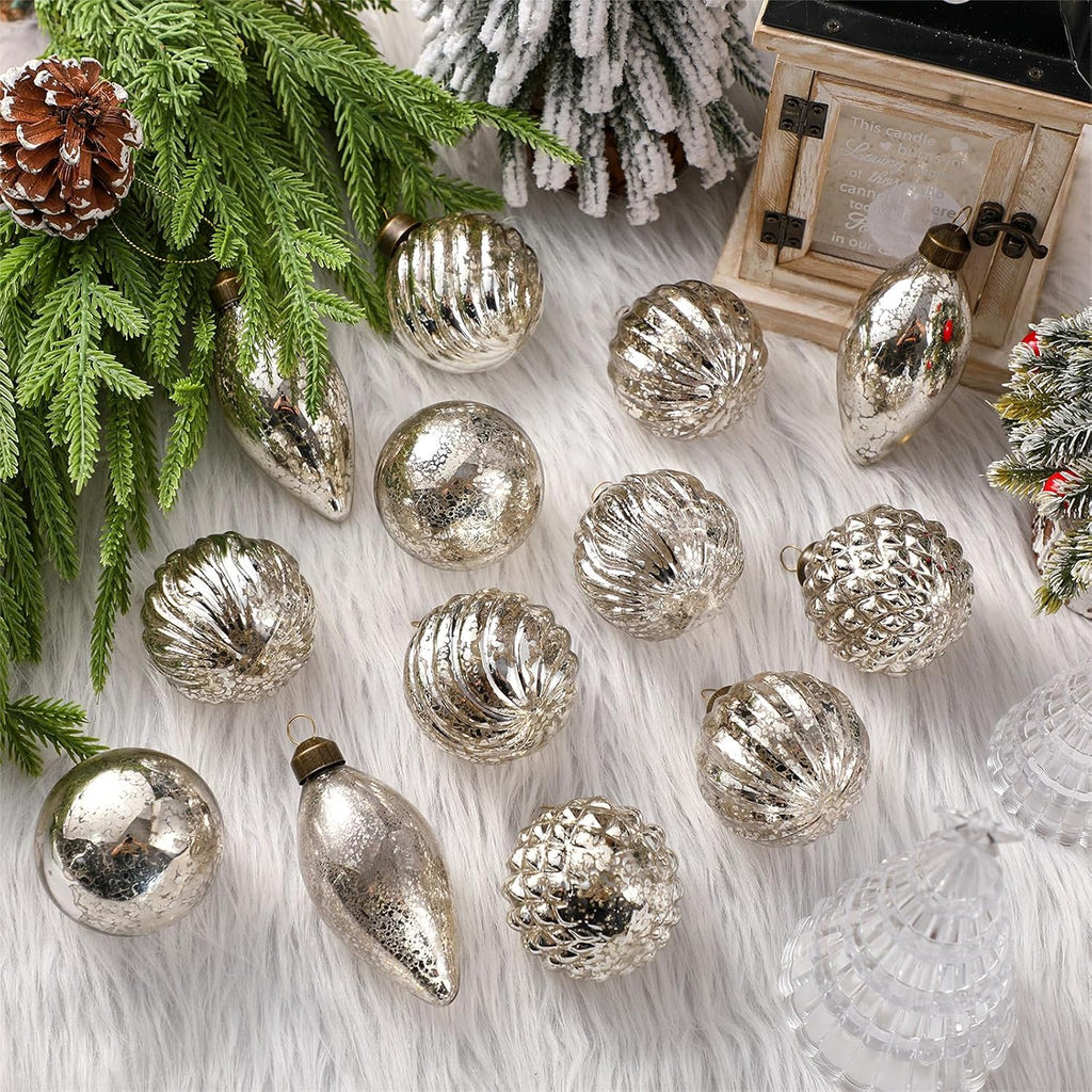 18 Pcs Silver Christmas Mercury Glass Balls Ornaments, 6 Styles