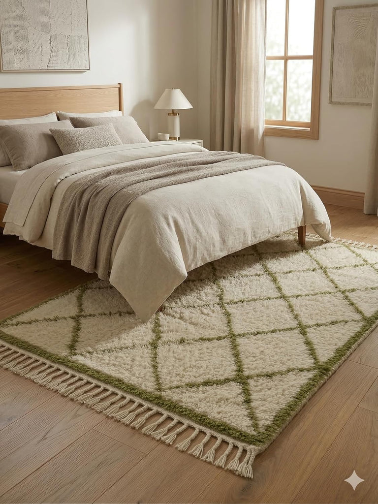 Handmade Moroccan Berber Area Rug 5' x 7', 100% Wool High Pile Shag, Beni Ourain Style, Ivory/Cream with Green