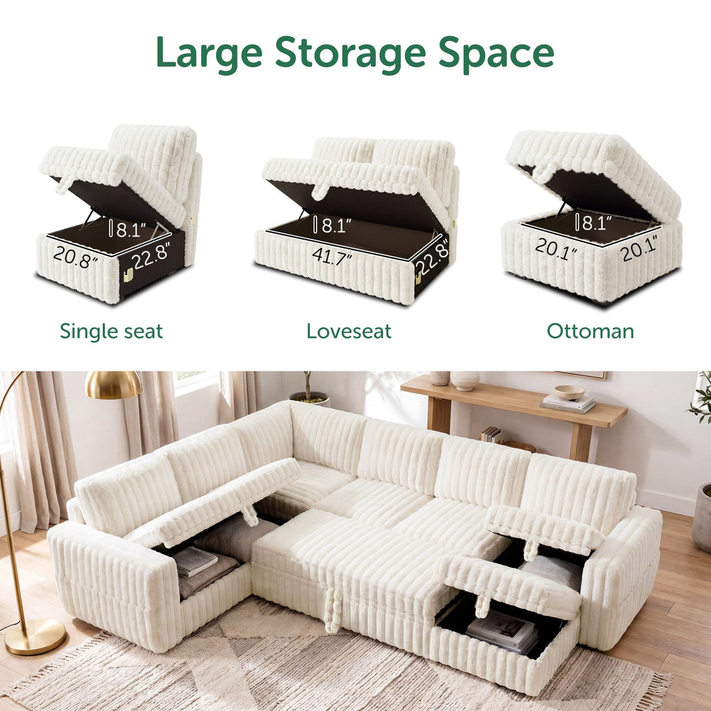 Plush Corduroy U Shaped Sectional Sofa with Pull Out Bed, Plush Beige