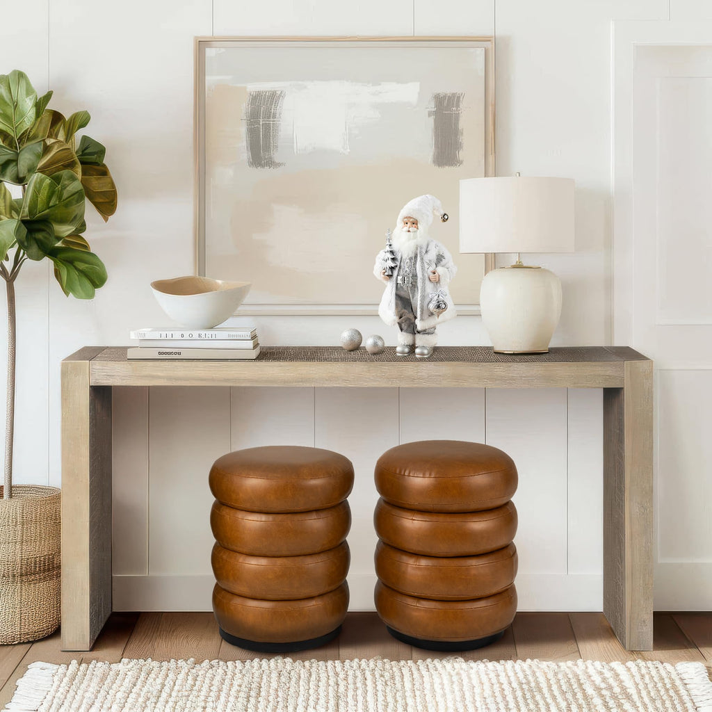 Set of 2 Modern Storage Ottomans, Upholstered PU Leather Accent Footrest Ottomans, Round Vanity Foot Stools with