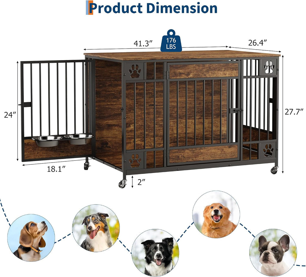 Dog Crate Furniture, Indoor Dog Kennel with Triple Doors, Brown