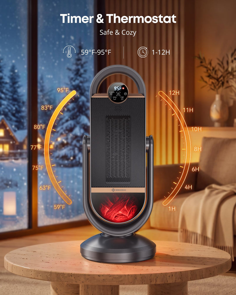 Space Heater, 1500W Graphene PTC Electric Heater with 3D Flame Effect, 60° Oscillation, Remote Thermostat 12H Timer
