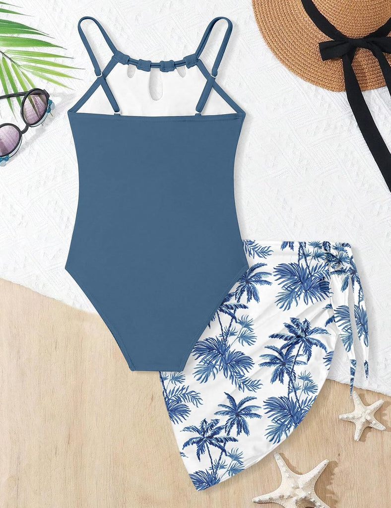 Girls Swimsuit Quick Dry Cut Out One Piece Swimsuits with Tropical Print Cover Up Skirt Bathing Suit Swimwear