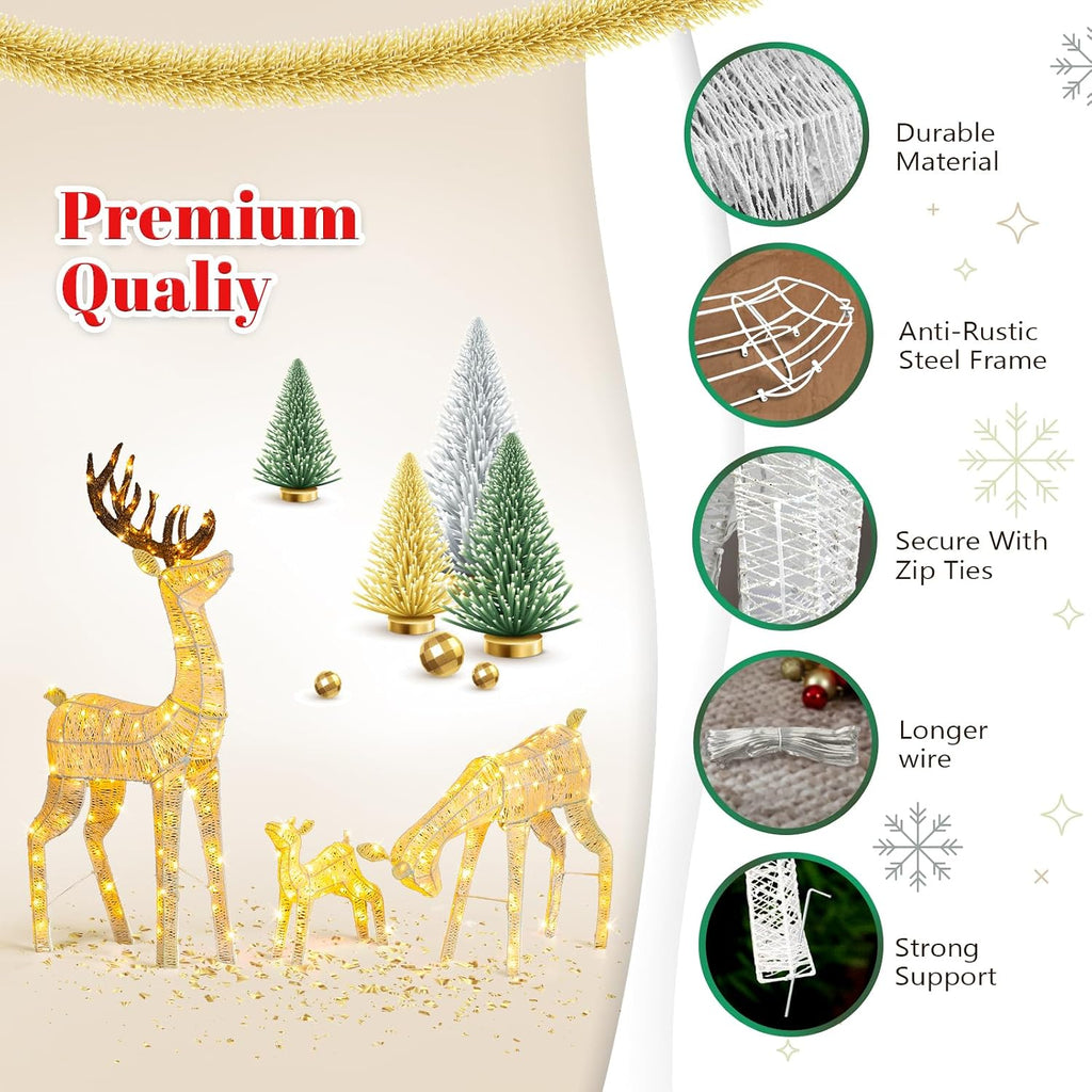 3-Piece Lighted Christmas Golden Reindeer Family Set, 5FT White Buck Doe Fawn Outdoor Decorations, Weatherproof Deer