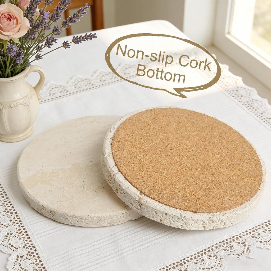 Natural Travertine Marble Coasters-4" Round - Set of 6