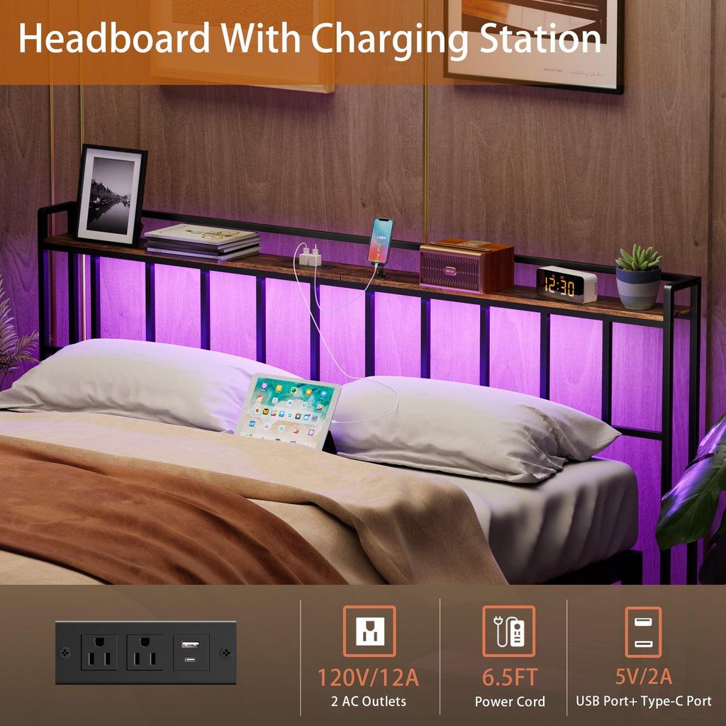 Headboard, Headboards with LED Light, Outlets and USB Ports, Head Board with Storage Rack, Sturdy and Stable
