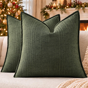 Christmas Olive Green Linen Throw Pillow Covers 16x16 Set of 2
