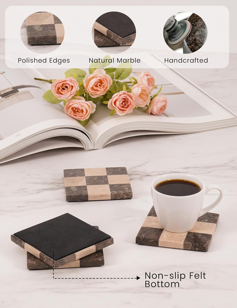 Marble Coasters, Oceanic & Verona Handmade 4 inch Square Stone Coaster, Decorative Checkered Cup Coaster - Set of 4