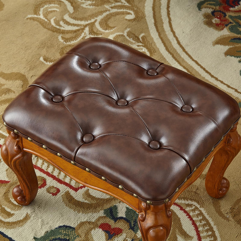 Solid Wood Footstool with Microfiber Leather Seat (Retro Brown)