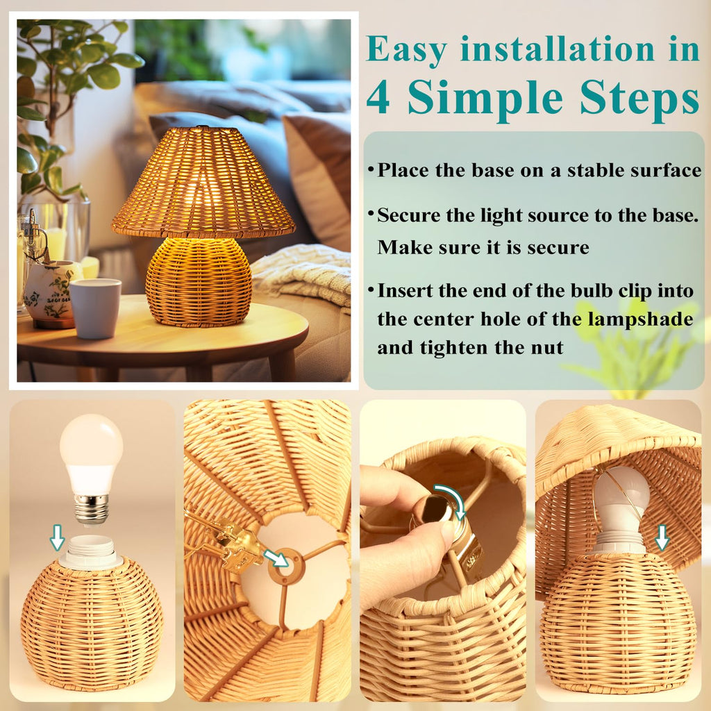 Bamboo Table Lamp Handmade Boho Rattan Bedside Lamp, 3 Colors Adjustable Vintage Wicker Wooden Nightstand Lamp with