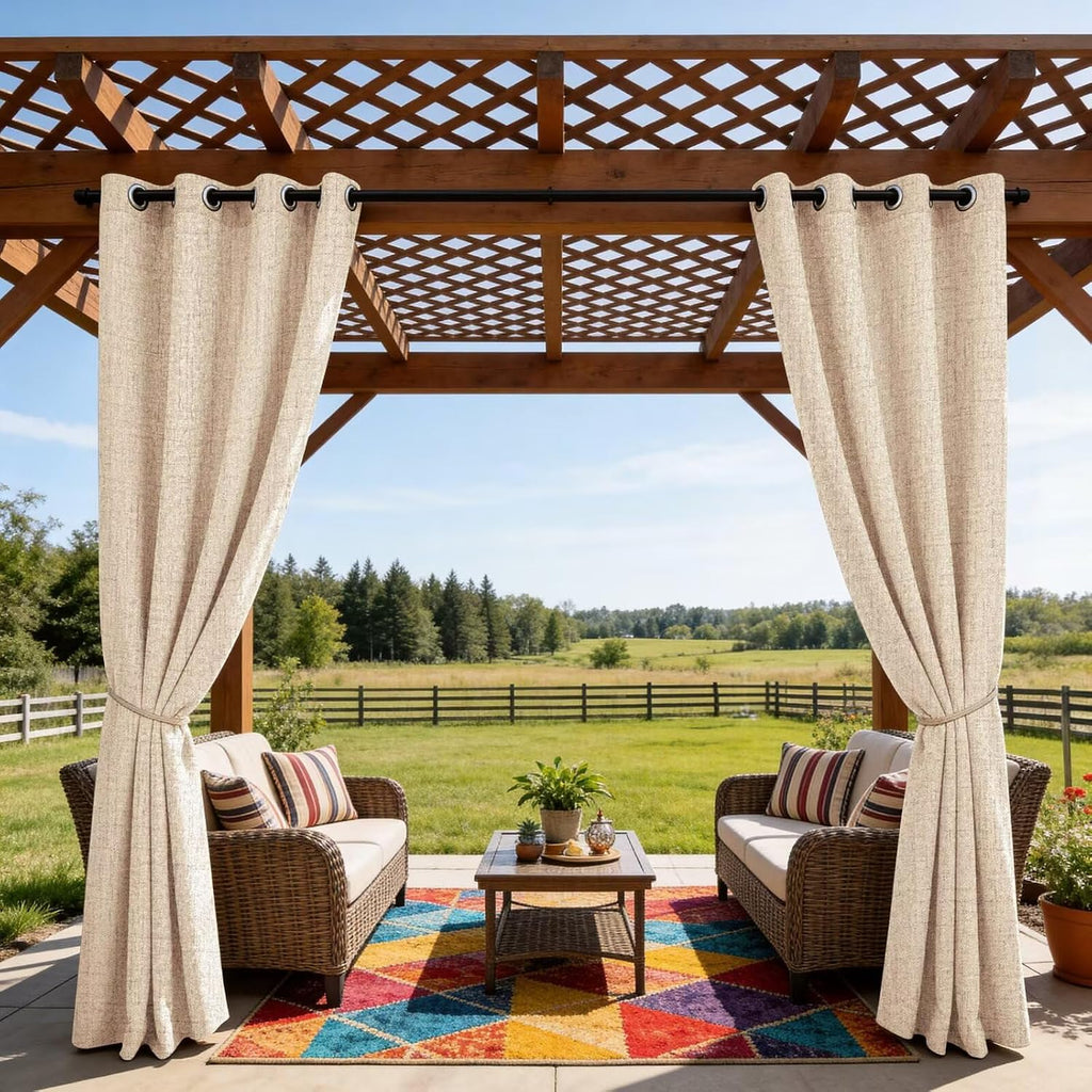 Outdoor Curtains Waterproof, 2 Panels Non-See-Through Linen Curtains with Grommet Top Indoor Outdoor Drapes for