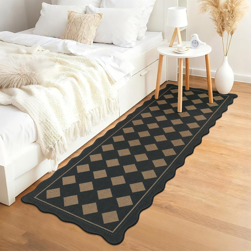 Checkered Hallway Runner Rug 2x6, Non Slip Washable Mat, Black