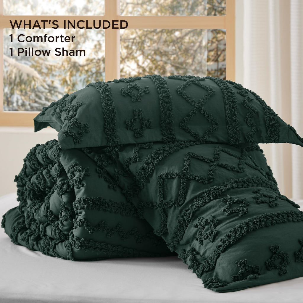 Tufted Boho Comforter Set Twin, Bedroom Decor Bedding Set Dark Green