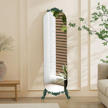 Arched Full Length Mirror, 62"X20" Vintage Floor Mirror, Baroque Full Body Mirrors with Art Carved, Free Standing