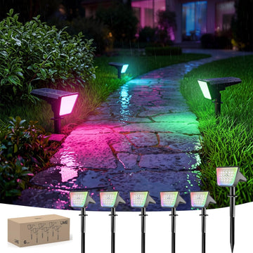 6 Packs Solar Spot Lights Outdoor Waterproof, 28 LED RGBW Solar Powered Landscape Pathway Lights, Dusk to Dawn Solar