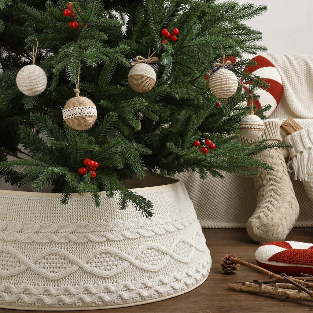 Knitted Christmas Tree Collar: Rustic Cream White Cable Knit Christmas Tree Collar for Artificial Trees, Crossed
