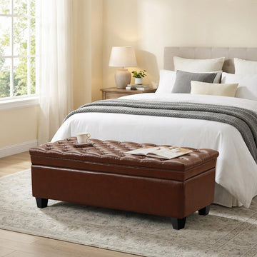 50" Faux Leather Storage Ottoman Bench, Rectangular End of Storage Bench, Upholstered Large Tufted Ottoman with