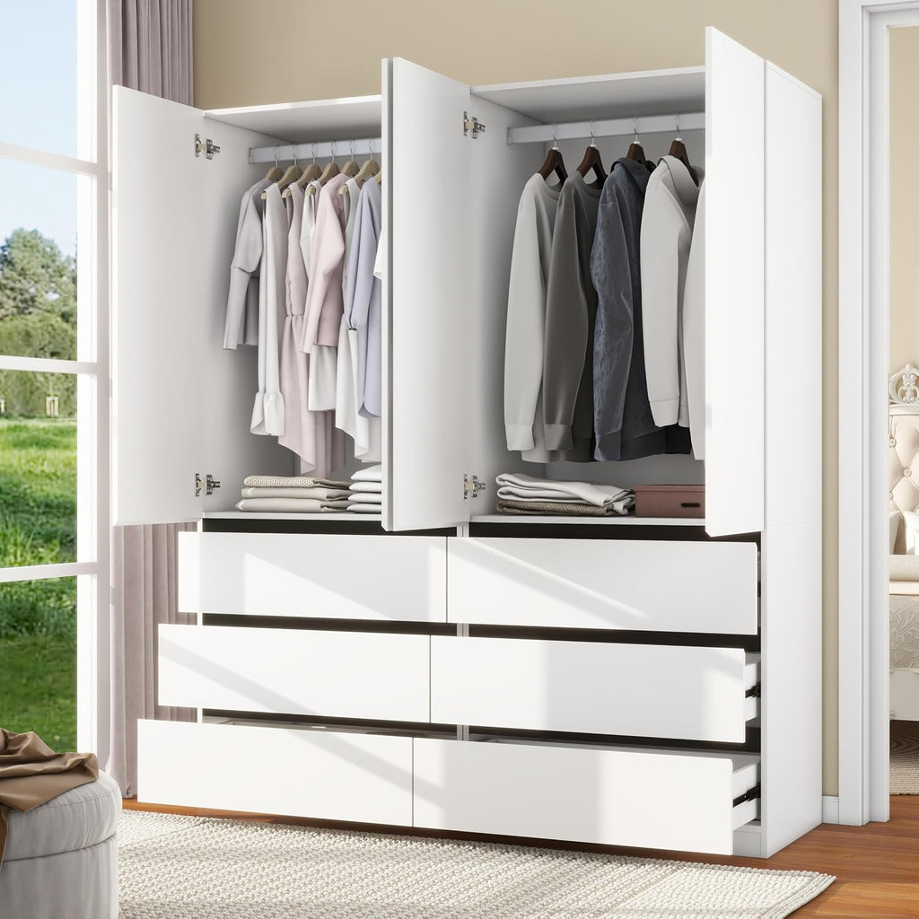 Bedroom Armoire Wardrobe Closet with 6 Drawers: White Wardrobe Closet with 4 Doors, Modern Cabinet for Clothes with