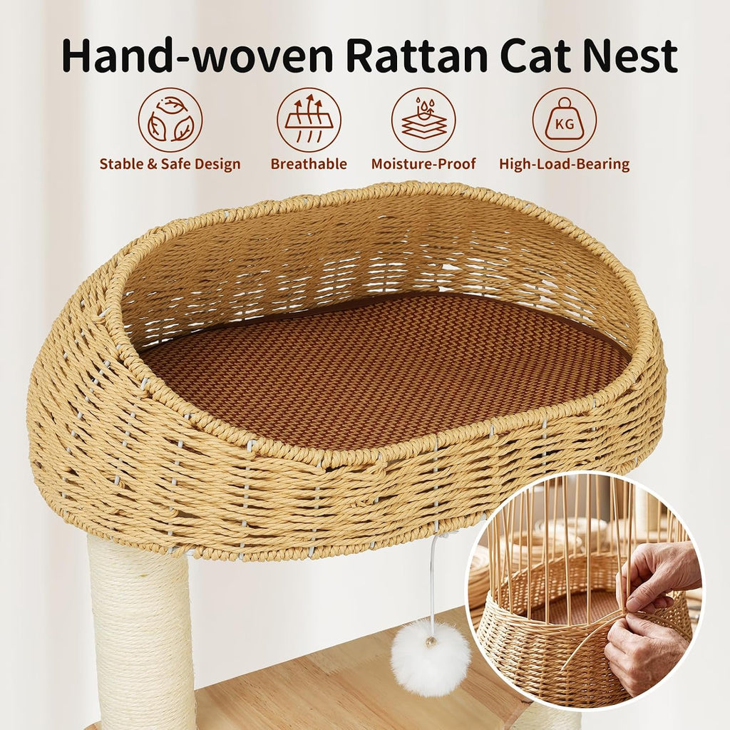 Solid Rubberwood Cat Tree Tower with Scratching Post, Hammock Ect, 65 Inch Hight