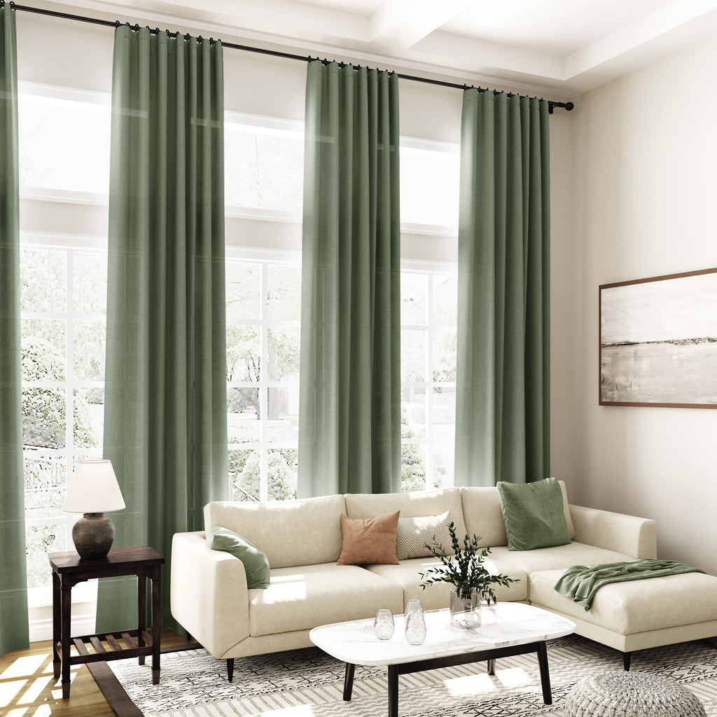 Olive Green Linen Curtains 2 Panels Set 95 Inch Length Back Tab Light Filtering Semi Sheer Curtain Drapes 52x95