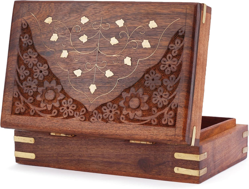 Wooden Jewellery Box Brass Inlay Hand Carved Keepsake Chest 8x5