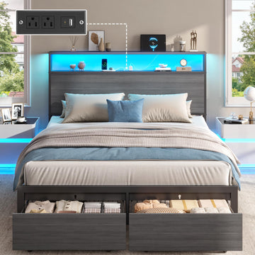 Bed Frame with 2 Drawers, LED Lights, Charging Station, Rustic Grey