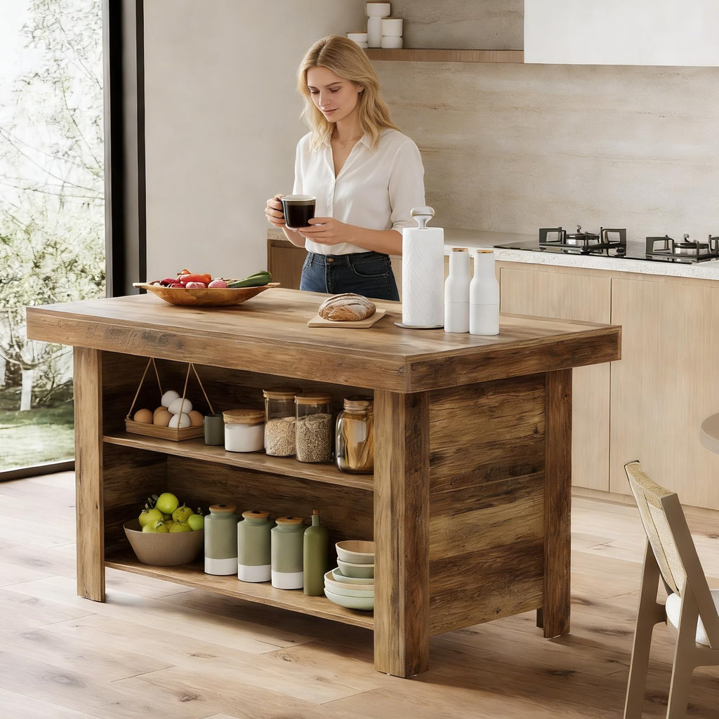 55 Inches Kitchen Island with Storage, 3-Tier Farmhouse Wooden Stationary Island Table with Large Worktop & Leg Room