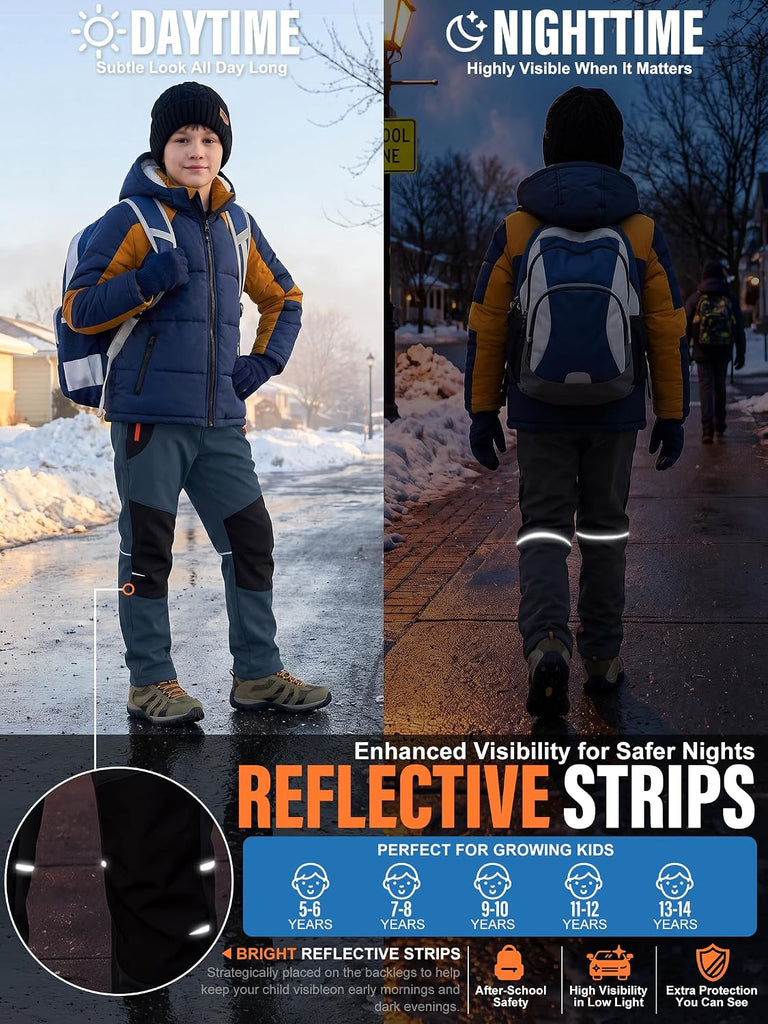 Kids Snow Pants for Boys Girls Fleece Lined Water‐Resistant Softshell Winter Outdoor Hiking Pants w/Zipper Pockets