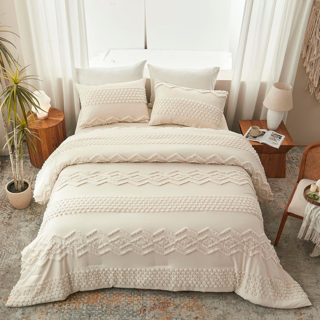 Beige Tufted Comforter Set, 3 Pieces Queen Size Boho Bedding Set