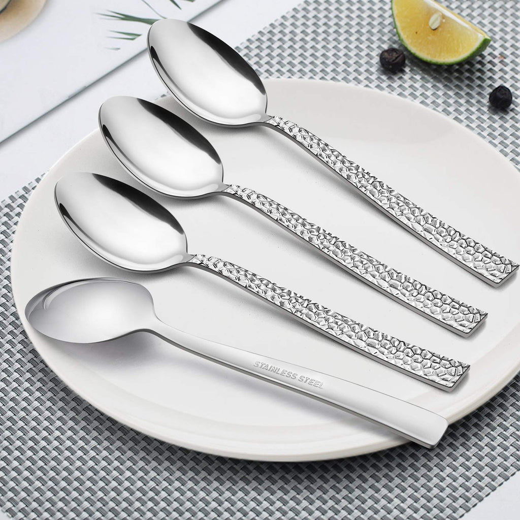 50-Piece Silverware Set for 10, Stainless Steel Flatware Set, Hammered Square Cutlery Eating Utensils Party Wedding