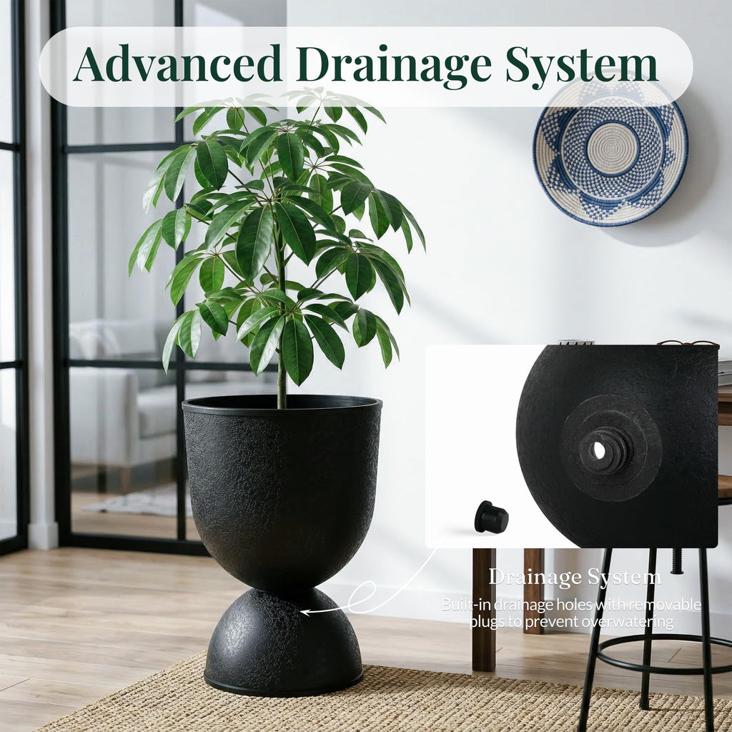 23 Inch Tall Planters, Black Plastic Urn Planters, 1 Pack