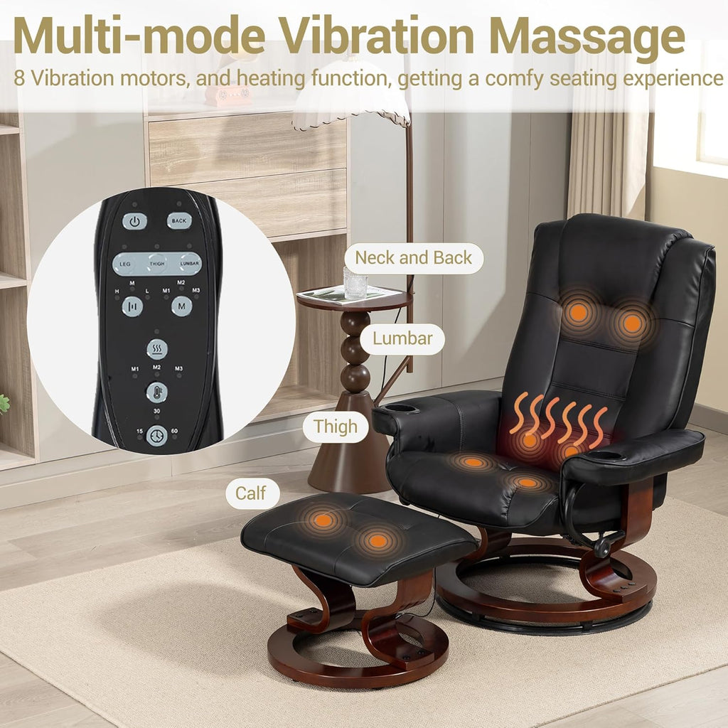 Modern Reclining Swivel Lounge Chair and Ottoman — Black PU Leather