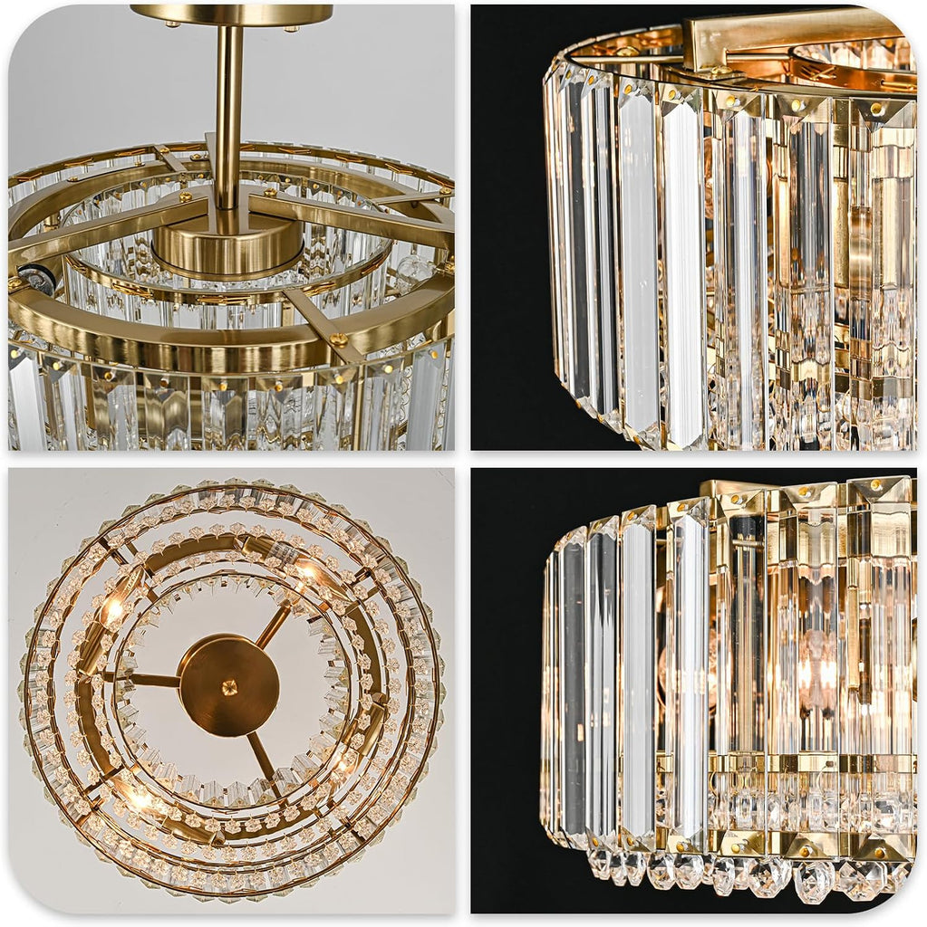 15.8" Modern Crystal Chandelier Gold Round Semi Flush Mount Ceiling Light Fixture Chandelier for Living Room Dining