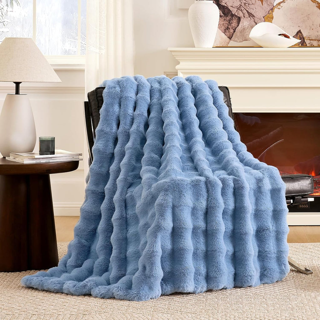 Faux Fur Bubble Throw for Couch, Fuzzy Soft Plush Thick Blanket for Sofa Bedroom Living Room, 60x80 Inches Misty Blue