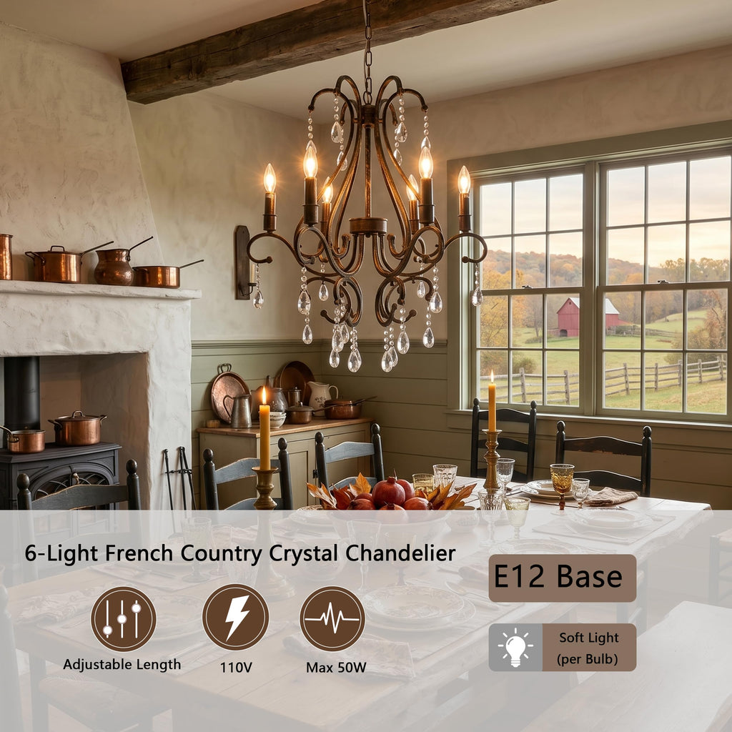 6-Light French Country Crystal Chandelier, Wrought Iron Antique Bronze, 24.8" Wide with Adjustable Chain for Foyer, Dining Room