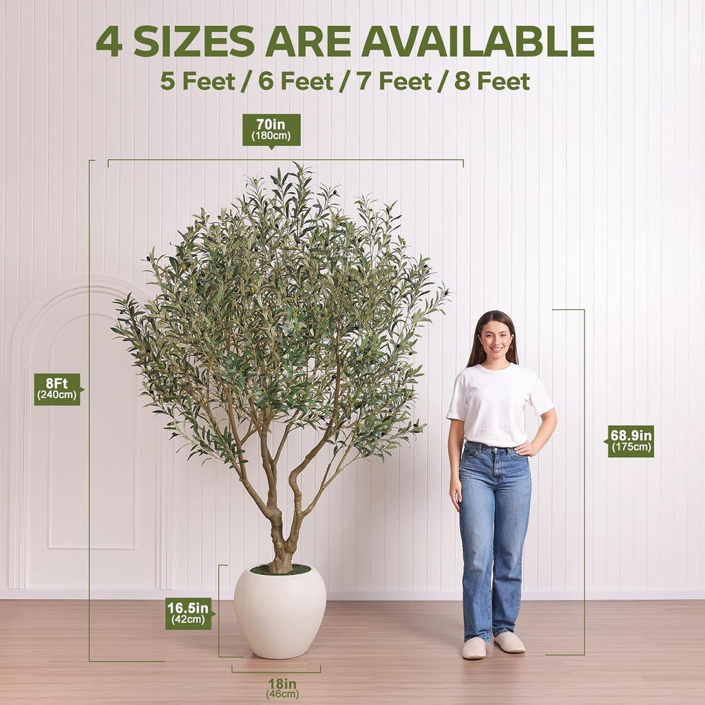 Artificial Olive Tree 8FT Faux Plant Home Decor - Large White Pot with Lifelike Silk Leaves, UV Resistant & No
