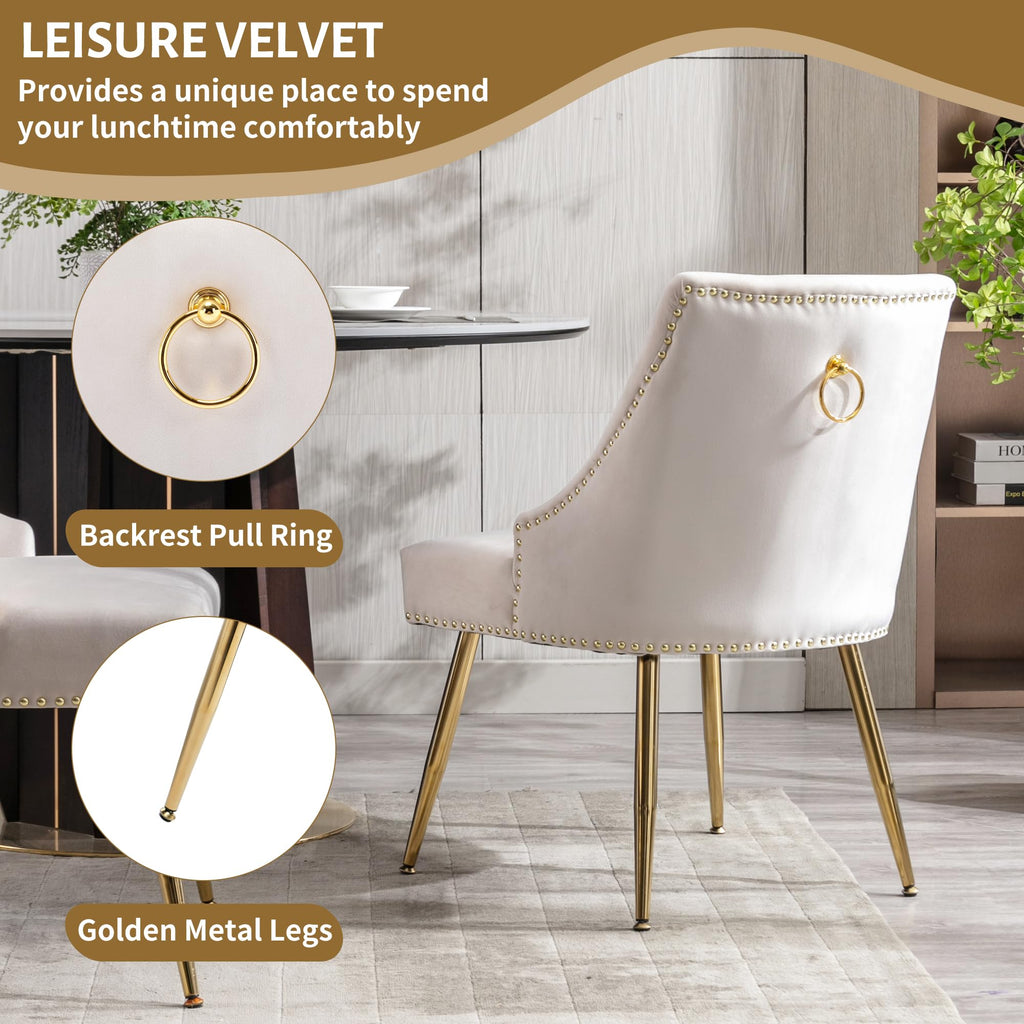 Velvet Dining Room Chairs Set of 2 Nailhead Back with Gold Legs, Beige