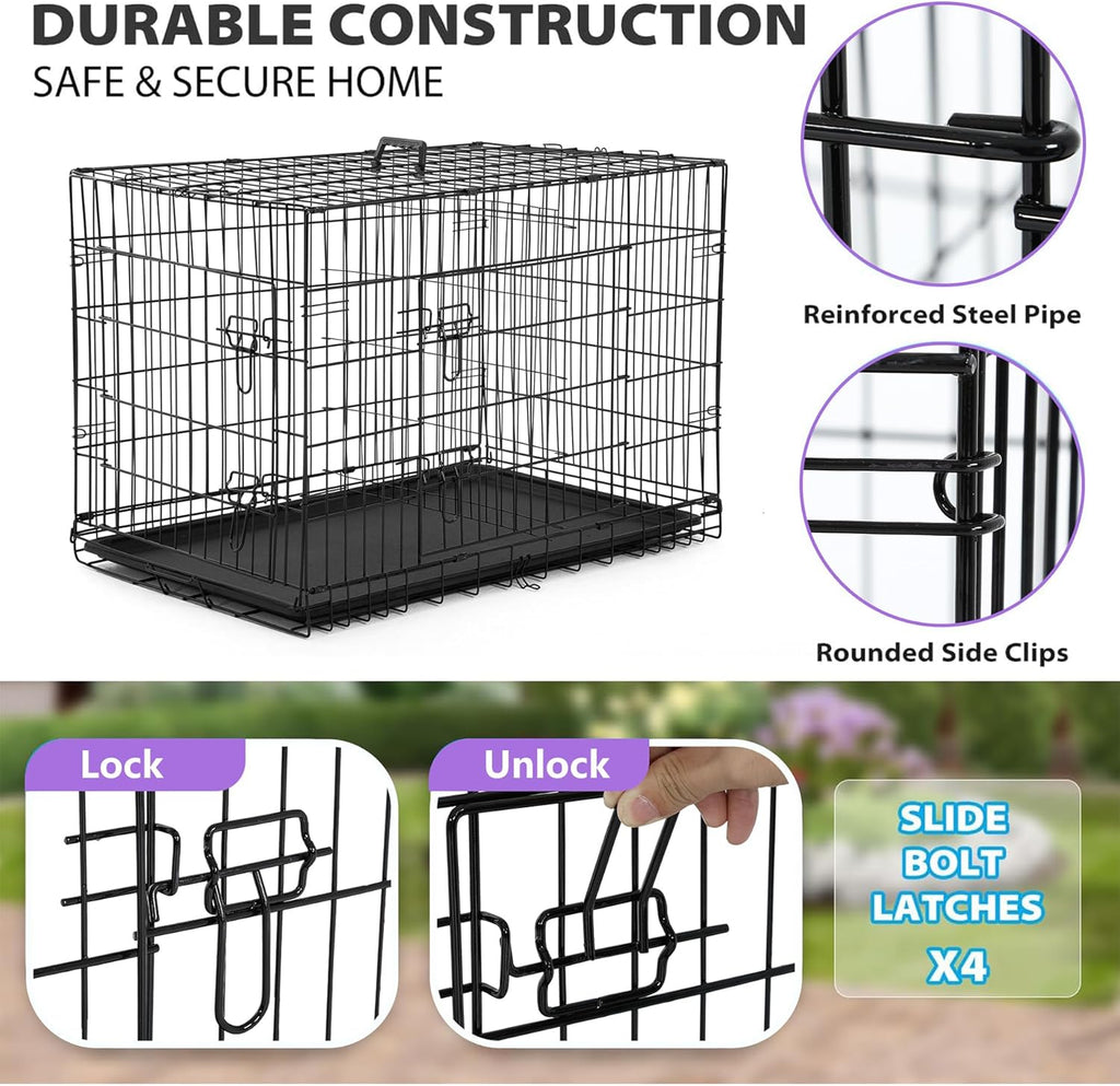 Dog Crate | 48" | Black | Foldable Metal Kennel with Double Doors, Secure Slide-Bolt Latches