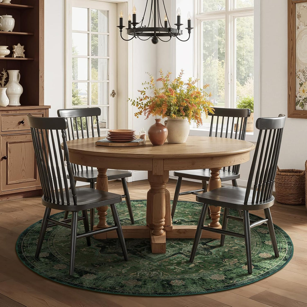 Green Round Rugs 6ft, Washable Non Slip Low Pile Thin 6 Feet Circle Rug Table Kitchen, Vintage Medallion 6x6 Round