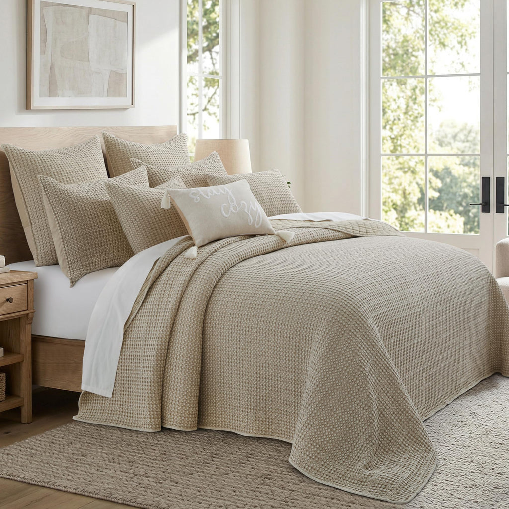 Mills Waffle Bedspread Set (122x106in) with 2 Pillow Shams (36x20in) - Undyed Wheat - Cotton Waffle