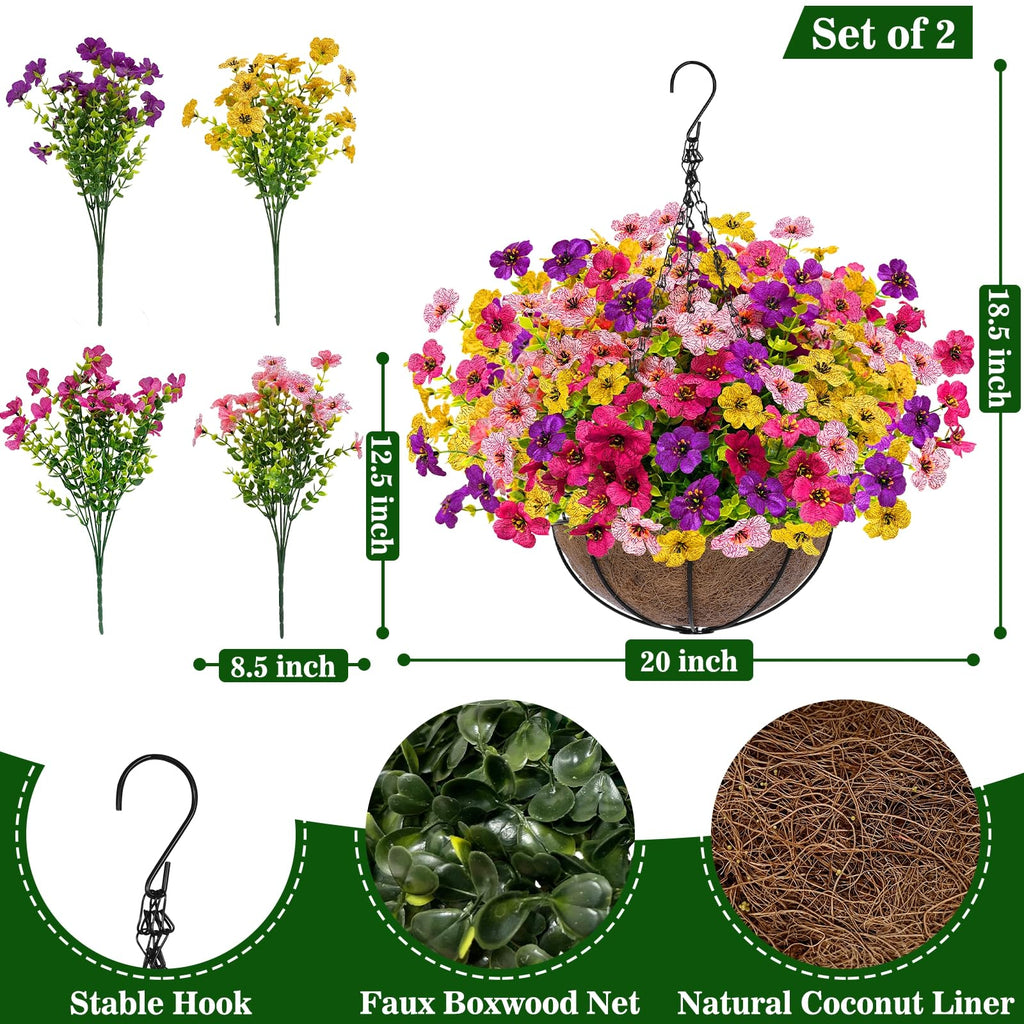 2 Sets Artificial Hanging Plants Flowers Basket Outdoor, Fake Hanging Plants 24 Pcs Flowers for Porch Patio Garden